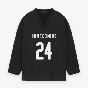 The Heavy Fleece Hockey Jersey is made from heavyweight 520gsm, 100% cotton fleece with a subtle vintage wash. The piece is designed in a hockey jersey-inspired silhouette. For an authentic sports lockup, a satin twill lettered "Homecoming" and "24" are stitched on the front. Additional details include a deep V-neck and the Essentials Fear of God rubberized label stitched at the back collar.